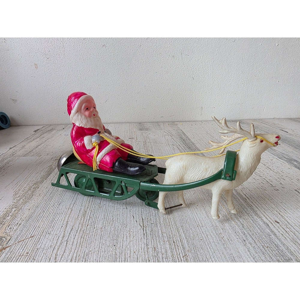 Vintage occupied Japan reindeer animated Santa celluloid Xmas decor working
